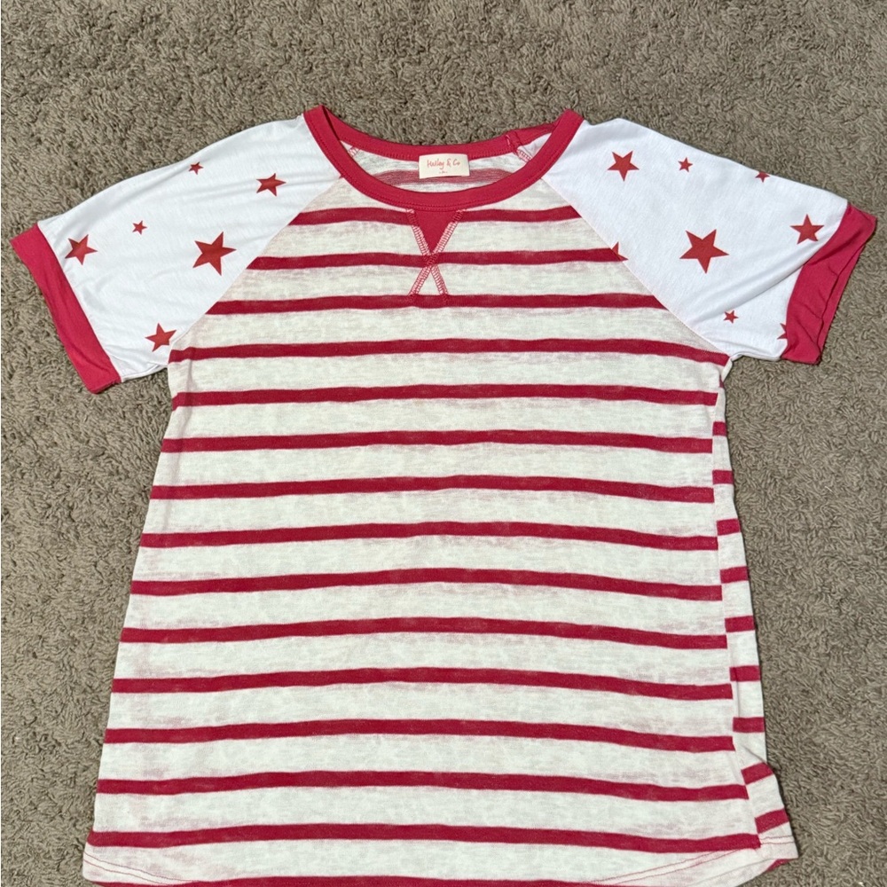 Red and White Striped Women's Top with Star Sleeves